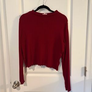 SO Ribbed Lettuce-Hem Long-Sleeve Crop Top - Wine Red
